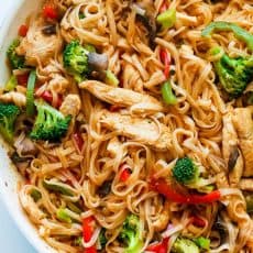 Chicken Stir Fry with Rice Noodles is an easy and delicious weeknight meal loaded with healthy ingredients. A one-pan, 30 minute chicken stir fry recipe.