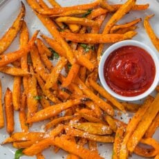 Air Fryer sweet potato fries served with ketchup