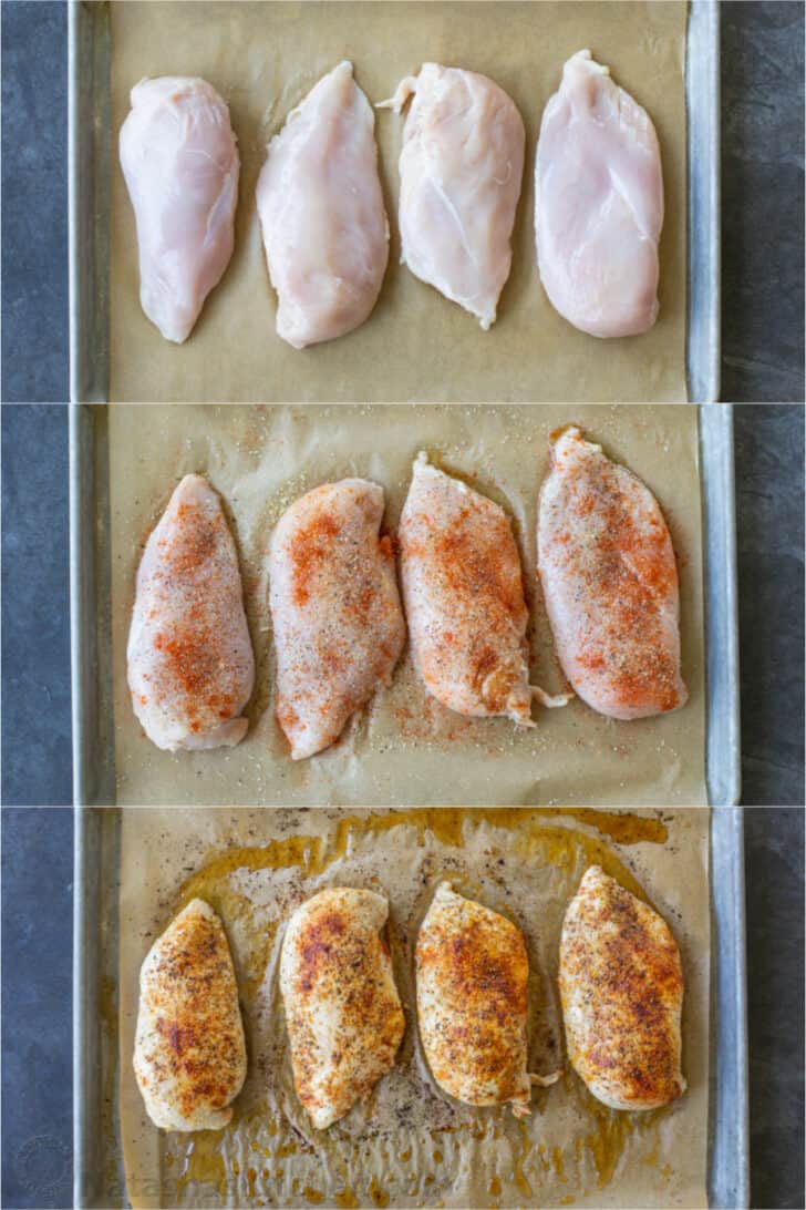 Step by step images of the process of baking chicken breast. 