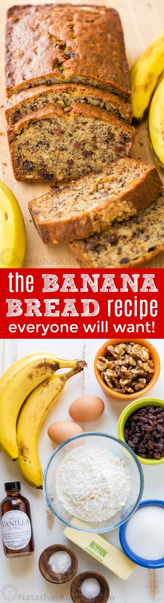 This Banana Bread Recipe is loaded with ripe bananas, tangy sweet raisins and toasted walnuts making it a banana nut bread. One of our favorite ripe banana recipes and even better with overripe bananas! This banana nut bread is super moist, easy and makes a great breakfast on-the-go. | natashaskitchen.com