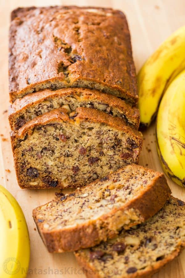 Moist banana bread recipe sliced to show banana nut bread center