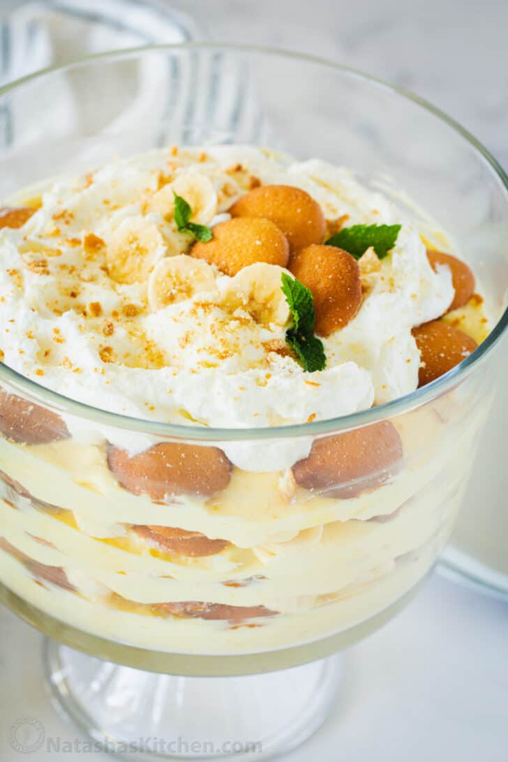 No-bake banana pudding layered in a trifle bowl. 
