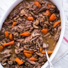 This Beef and Mushroom Pot Roast is so easy to cook and makes a great party dish, you can prepare it ahead of time. The meat is super tender when it's done.