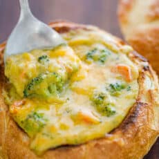 Panera Copycat Broccoli Cheese soup served in bread bowl