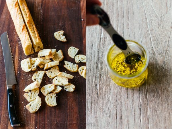 How to make croutons with sliced bread and garlic infused olive oil