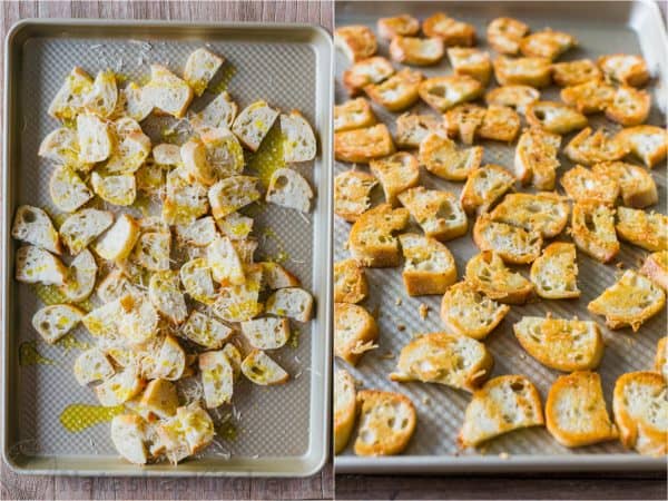 Parmesan Garlic croutons on baking sheet