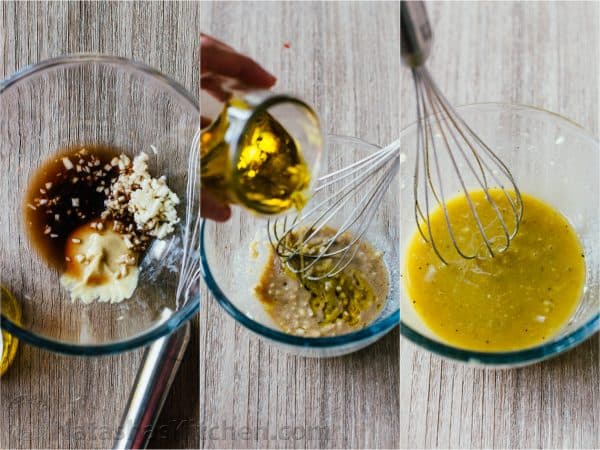 How to make caesar salad dressing whisking ingredients together in a bowl and whisking while adding olive oil