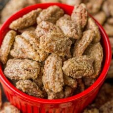 Candied Pecans in red bowl