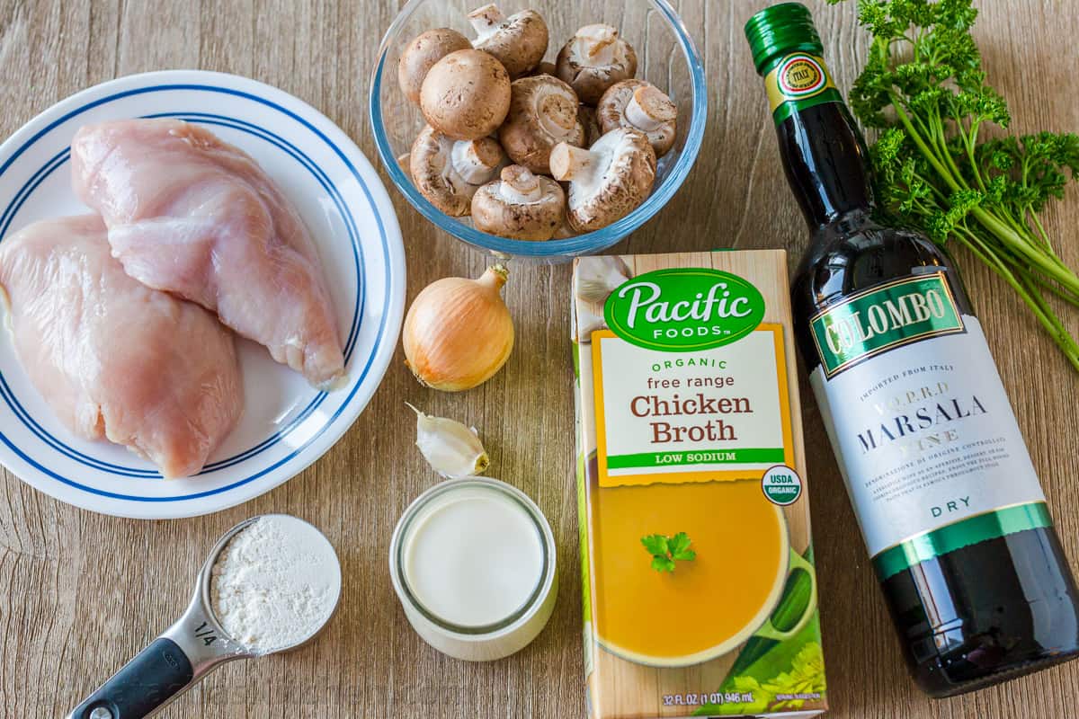 Chicken Marsala Ingredients: Raw Chicken, Onion, Garlic, Mushrooms, Chicken Broth, Dry Marsala Wine, Flour, Heavy Whipping Cream