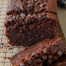 Sliced Chocolate Banana Bread showing the soft crumb center.