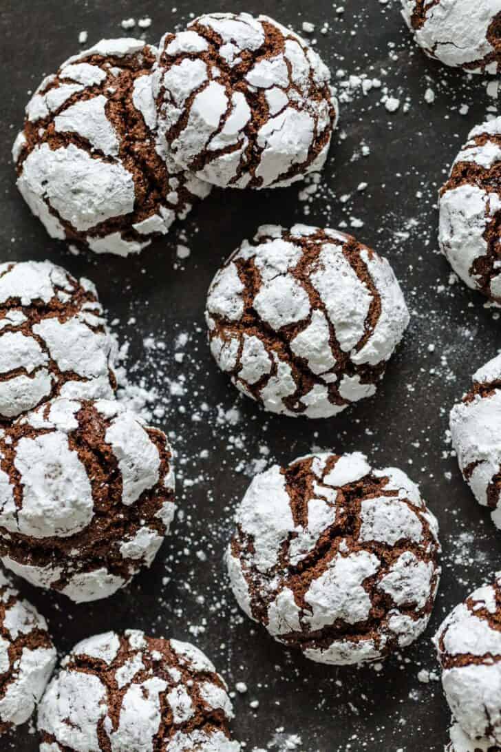 Several Chocolate Crinkle Cookies on a tray 
