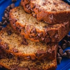 Chocolate Chip Banana Bread is wonderfully moist and loaded with ripe bananas and melty morsels of chocolate chips. This banana chocolate chip bread is a real treat. #chocolatechipbananabread #chocolatebananabread #bananabread #bananas #chocolatechips #dessert