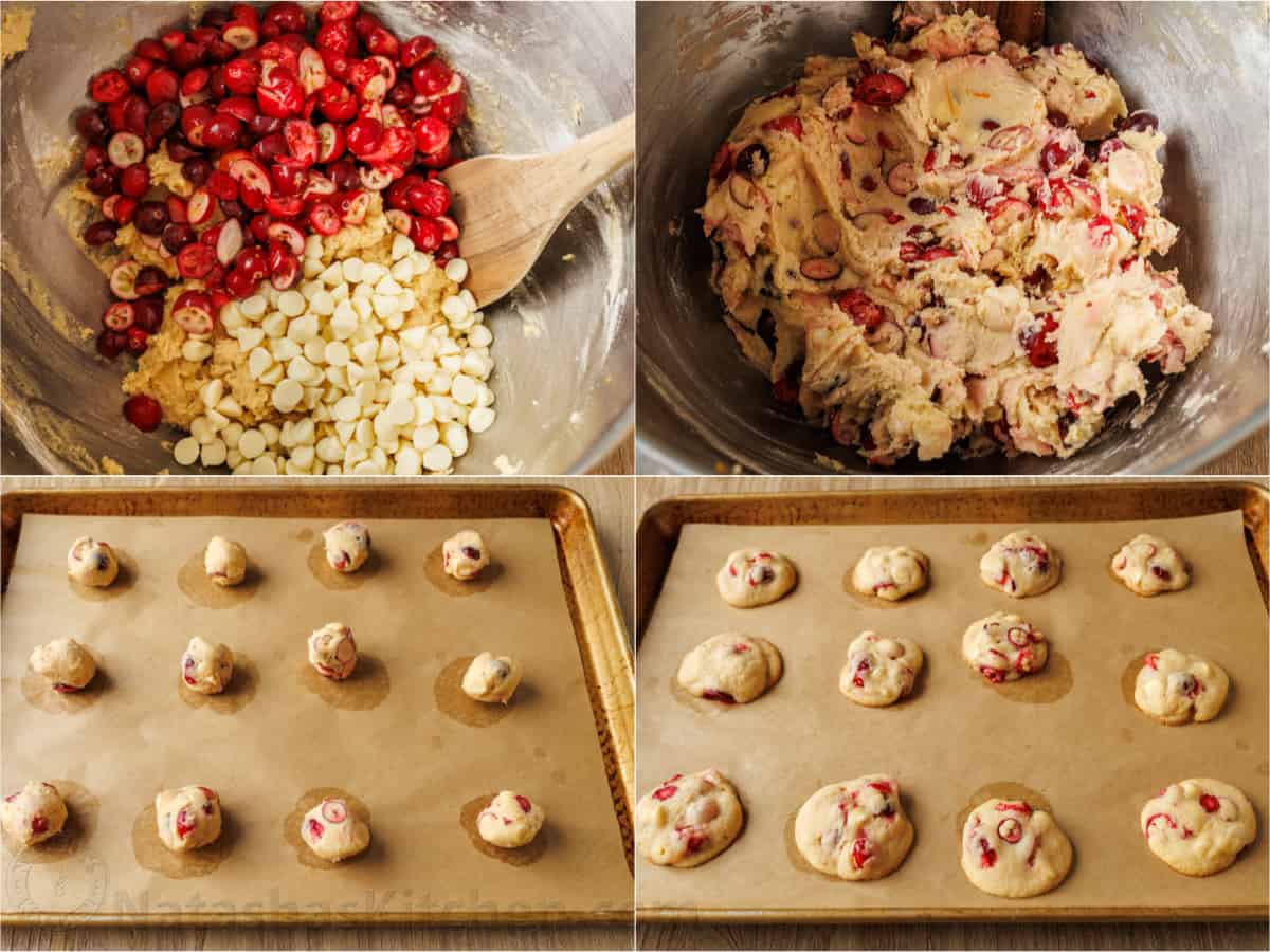 Folding cranberries and white chocolate morsels into the cookie dough. Photos of dough balls on a tray baked into perfect cookies