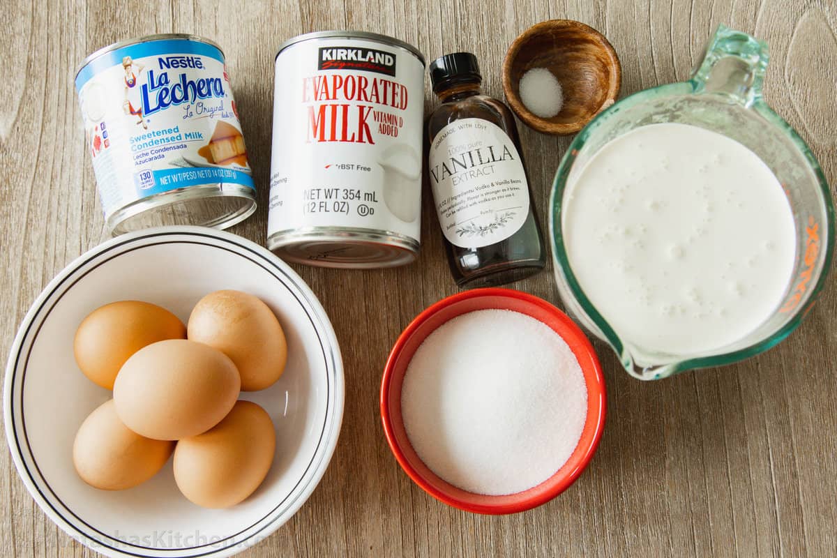 Ingredients with eggs, milk, cream, sweetened condensed milk and vanilla