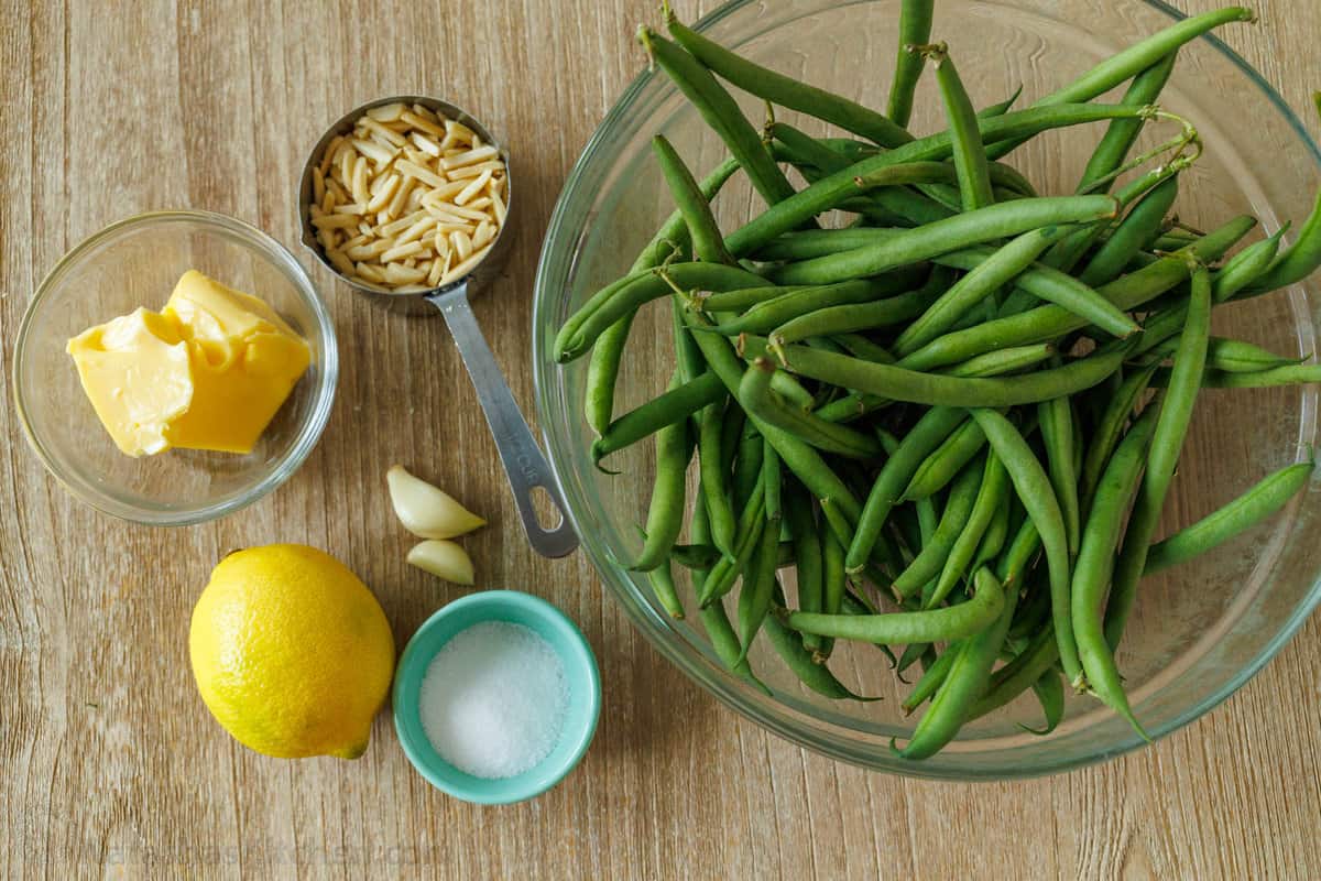 haricot verts, almonds, butter, lemon, garlic and salt for sauteed green beans with almonds