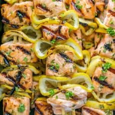 Easy grilled salmon skewers with garlic & dijon. Juicy with incredible flavor & takes less than 30 minutes ~ KEEPER! | natashaskitchen.com