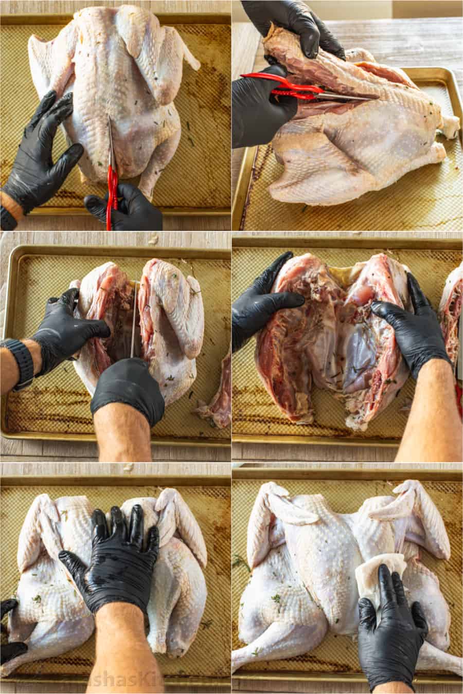 Images showing how to spatchcock a turkey step by step