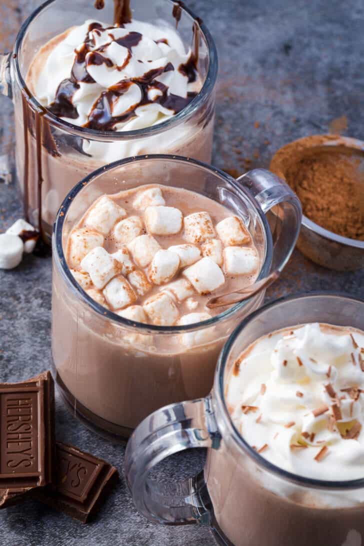 hot chocolate topped with variety of toppings