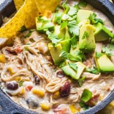 This White Chicken Chili is done in less than an hour start to finish in the Instant Pot with melt-in your mouth tender chicken. Stir everything together in the instant pot, top with cream cheese and set for 20 minutes.