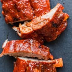 Instant Pot Baby Back Ribs sliced on a tray