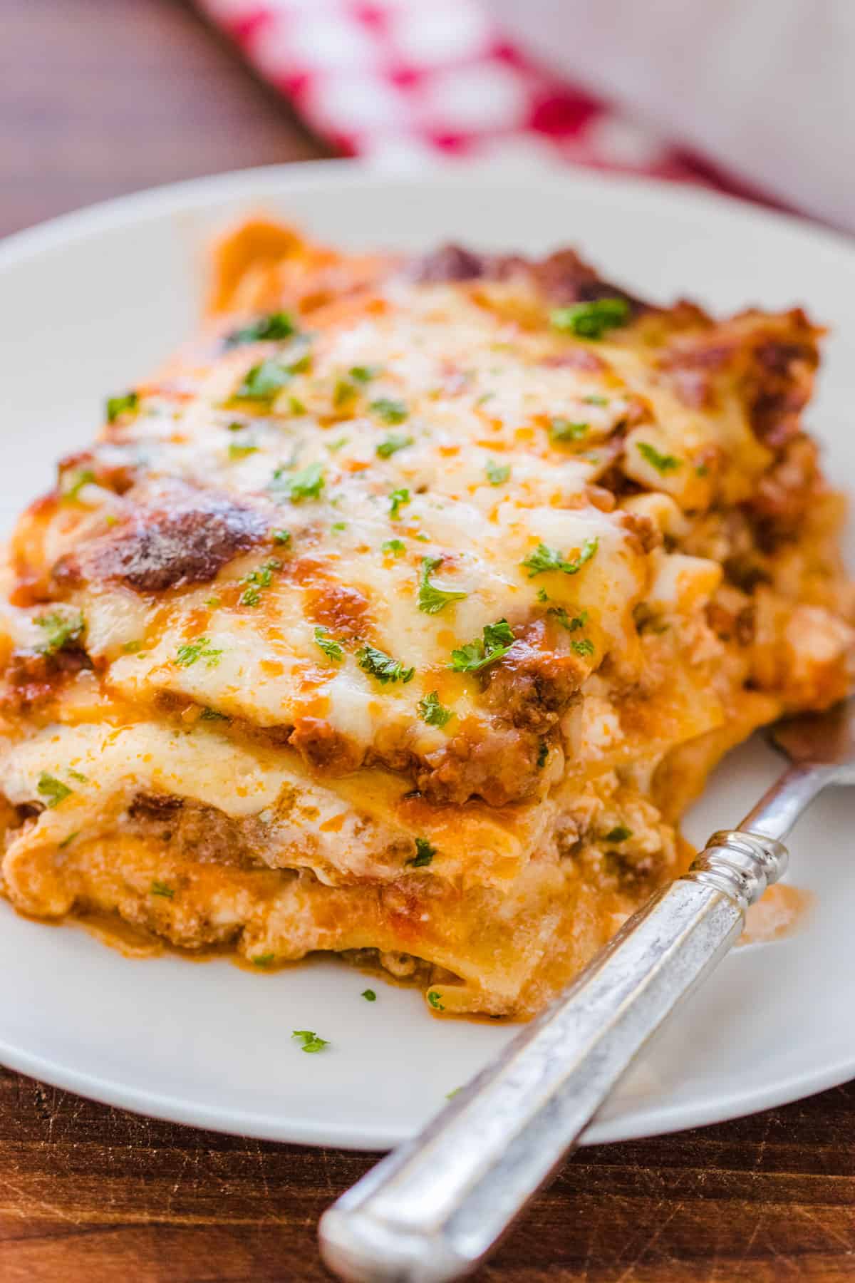 Lasagna on plate with fork