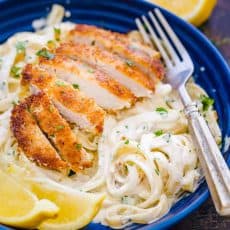 Lemon Chicken Pasta in a bowl garnished with parsley
