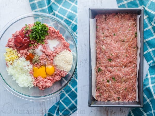 Collage how to make meatloaf and shape into pan.