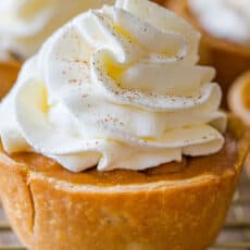 Mini pumpkin pie topped with whipped cream