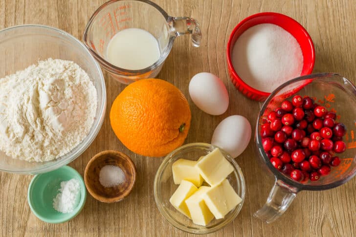 Ingredients for homemade cranberry bread with orange glaze
