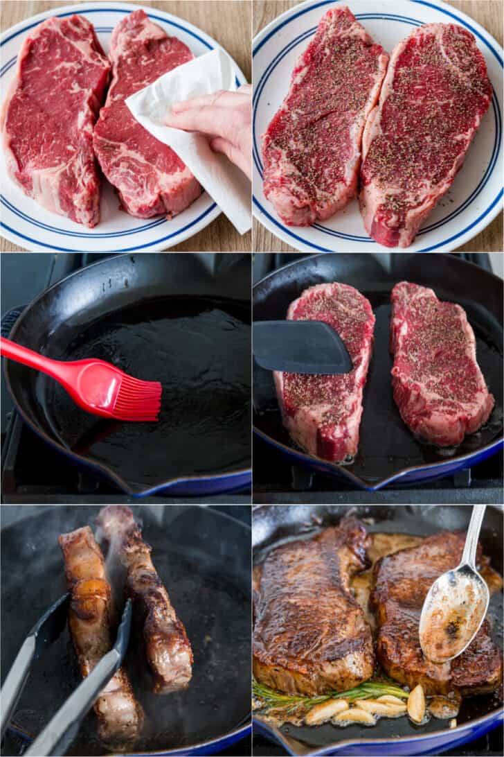 Step by step photos how to season and sear a steak on a skillet