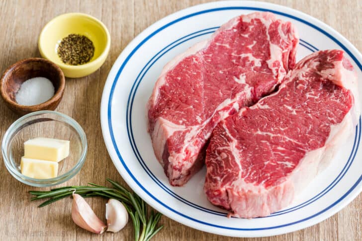 Ingredients for pan seared steak with garlic rosemary butter