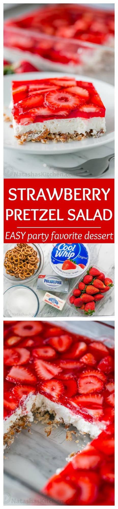This strawberry pretzel salad is always a hit at parties. It's a strawberry jello dessert that is dangerously good! It's sweet, salty, tart and irresistible!