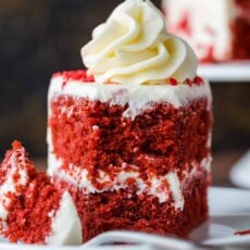 Red Velvet Cake with cream cheese frosting on a plate