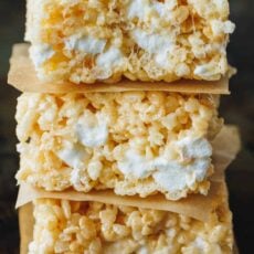 Three Rice Krispie treats stacked on top of one another.