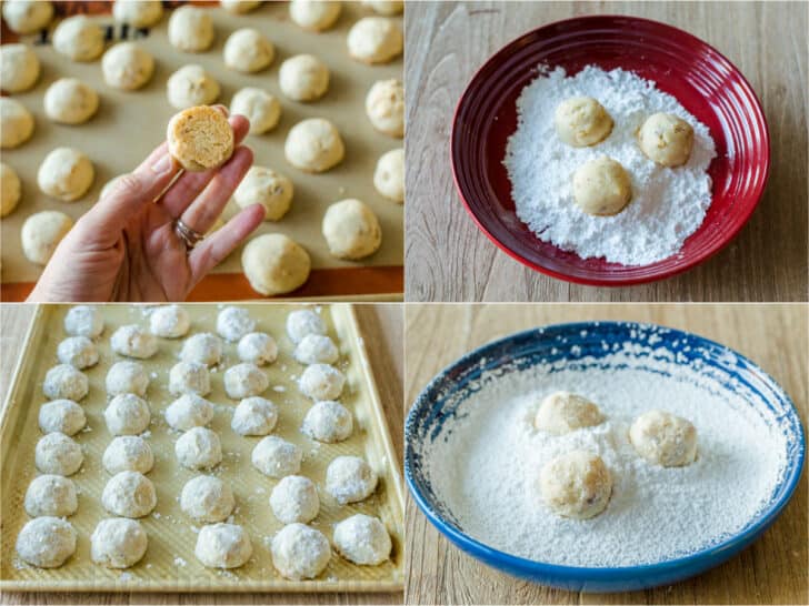 Baked Russian tea cakes and how to roll in powdered sugar