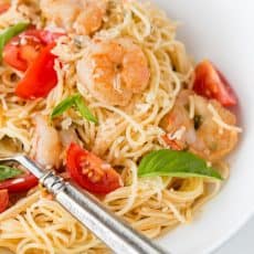 Spaghetti with Shrimp in a creamy tomato sauce. Excellent 30-minute meal! @natashaskitchen