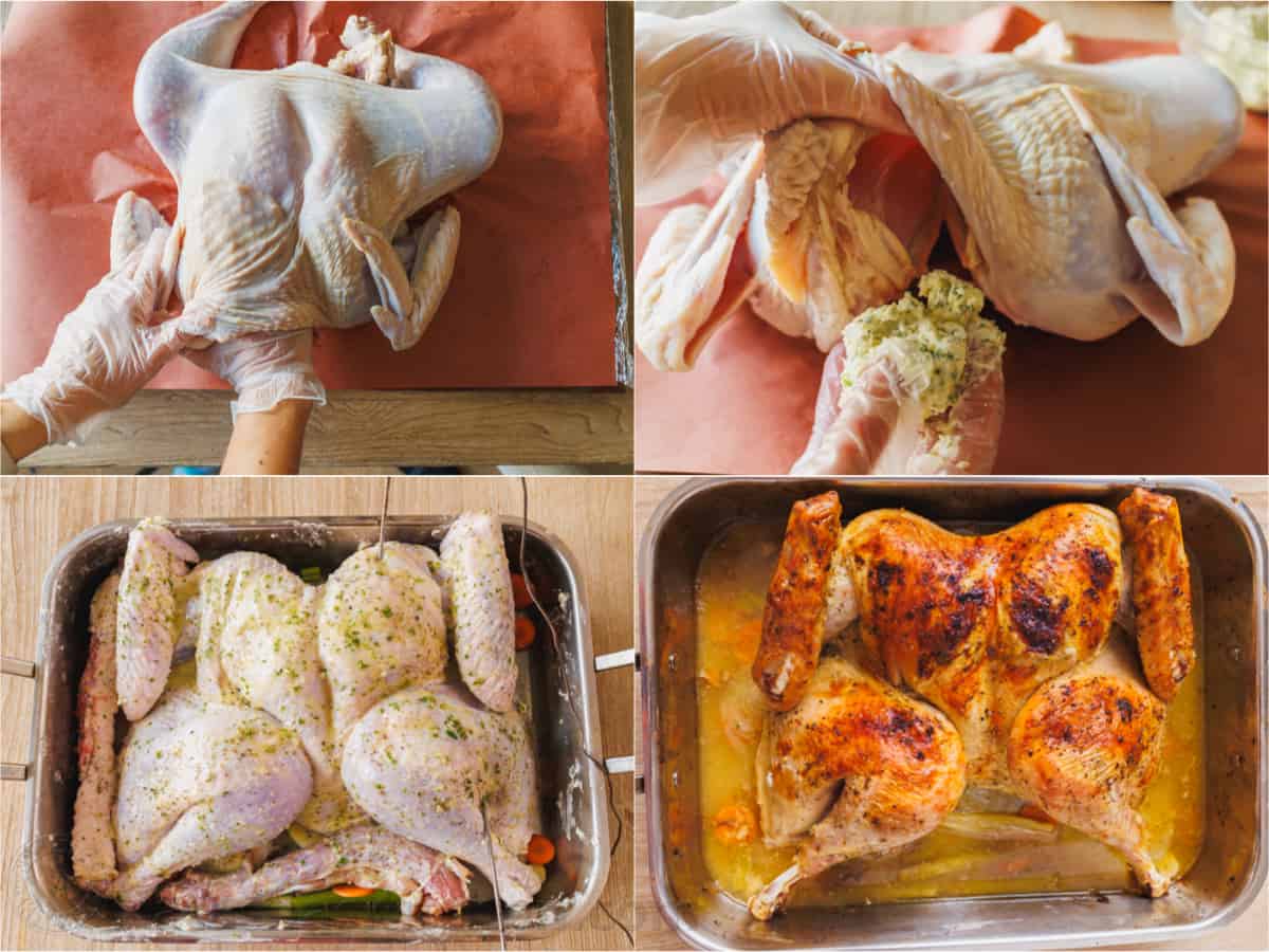 Four photos showing the steps to buttering a spatchcocked turkey