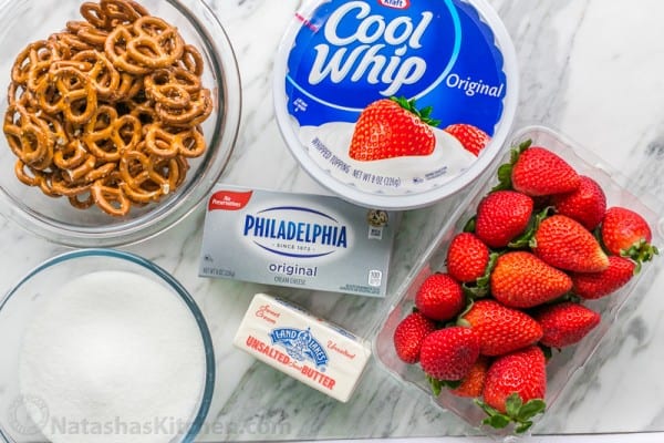 Ingredients for strawberry pretzel salad with cool whip substitute