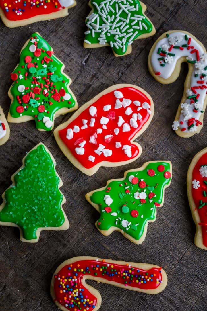 Decorated Christmas cookies with sprinkles and frosting