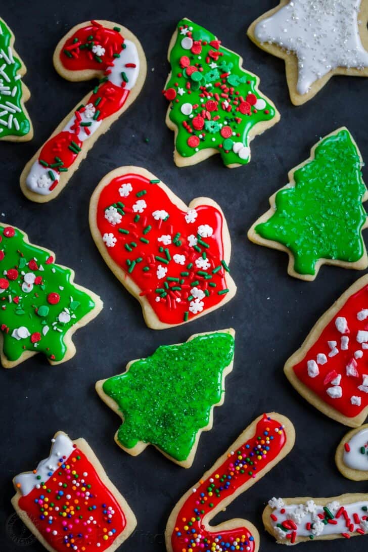 Sugar cookies recipe decorated on a platter for Christmas