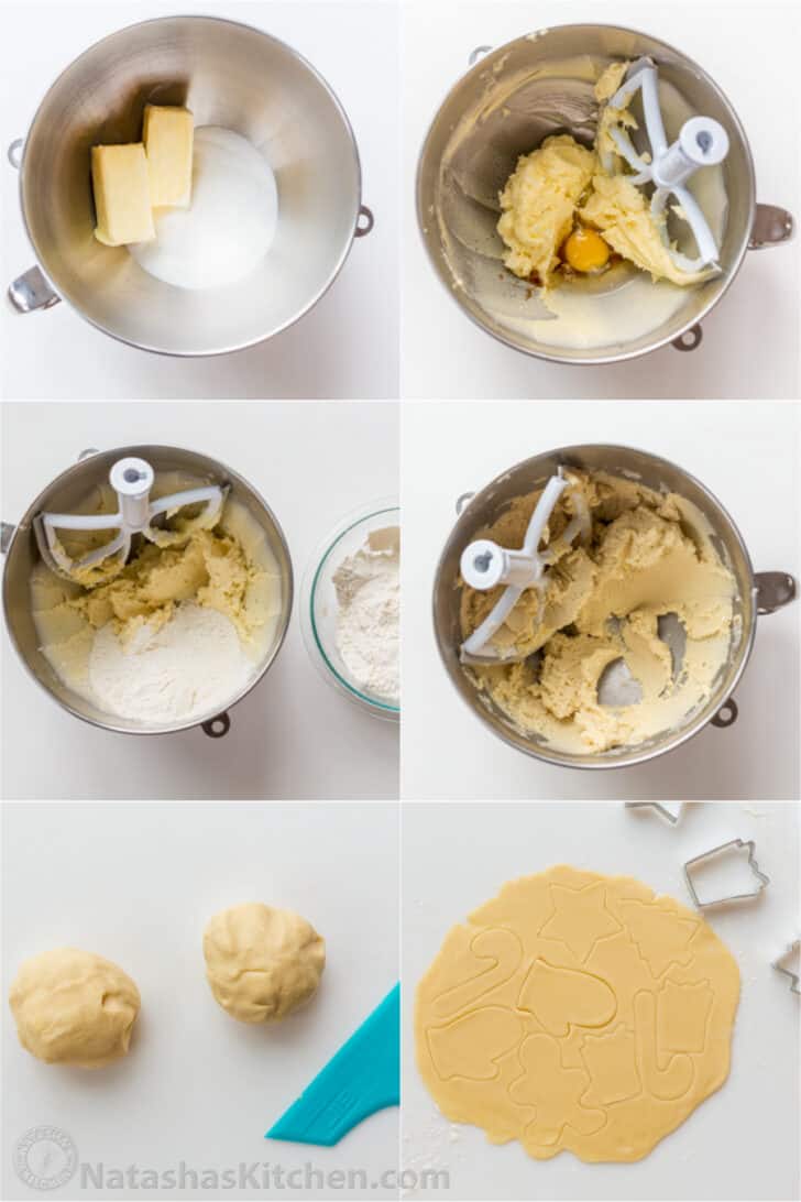 Step by step photos how to make sugar cookies by creaming together butter and sugar, adding flour, dividing dough and cutting shapes