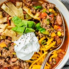 Taco Soup loaded with taco soup toppings