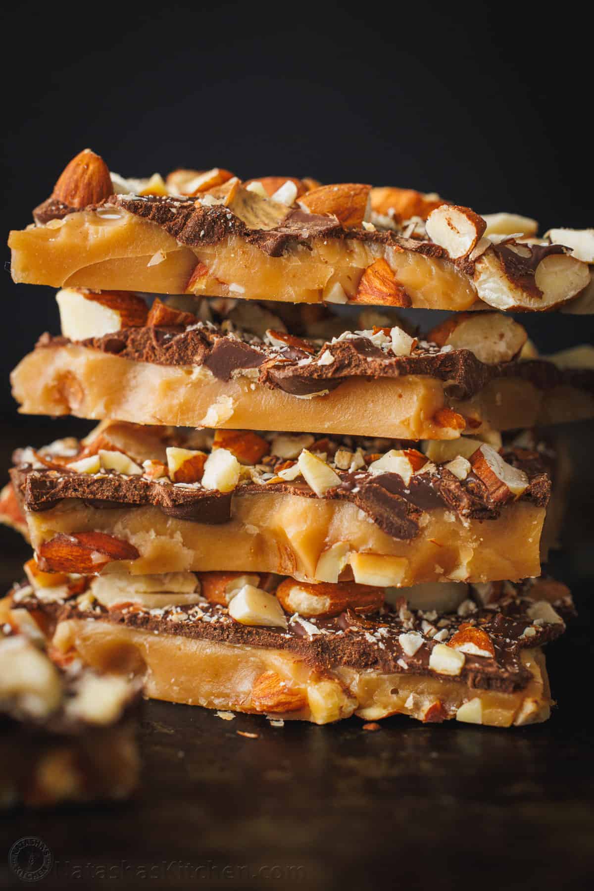 Delicious homemade toffee with almonds and chocolate layers