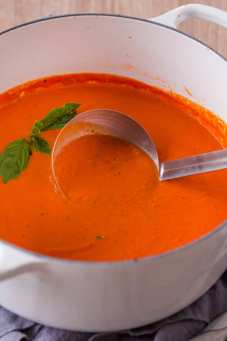 Tomato basil soup cooked in dutch oven nonreactive pot