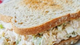 A classic tuna salad sandwich on a white plate, with a red and white checked cloth underneath.