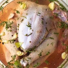A whole turkey submerged in a salty brine with garlic and herbs