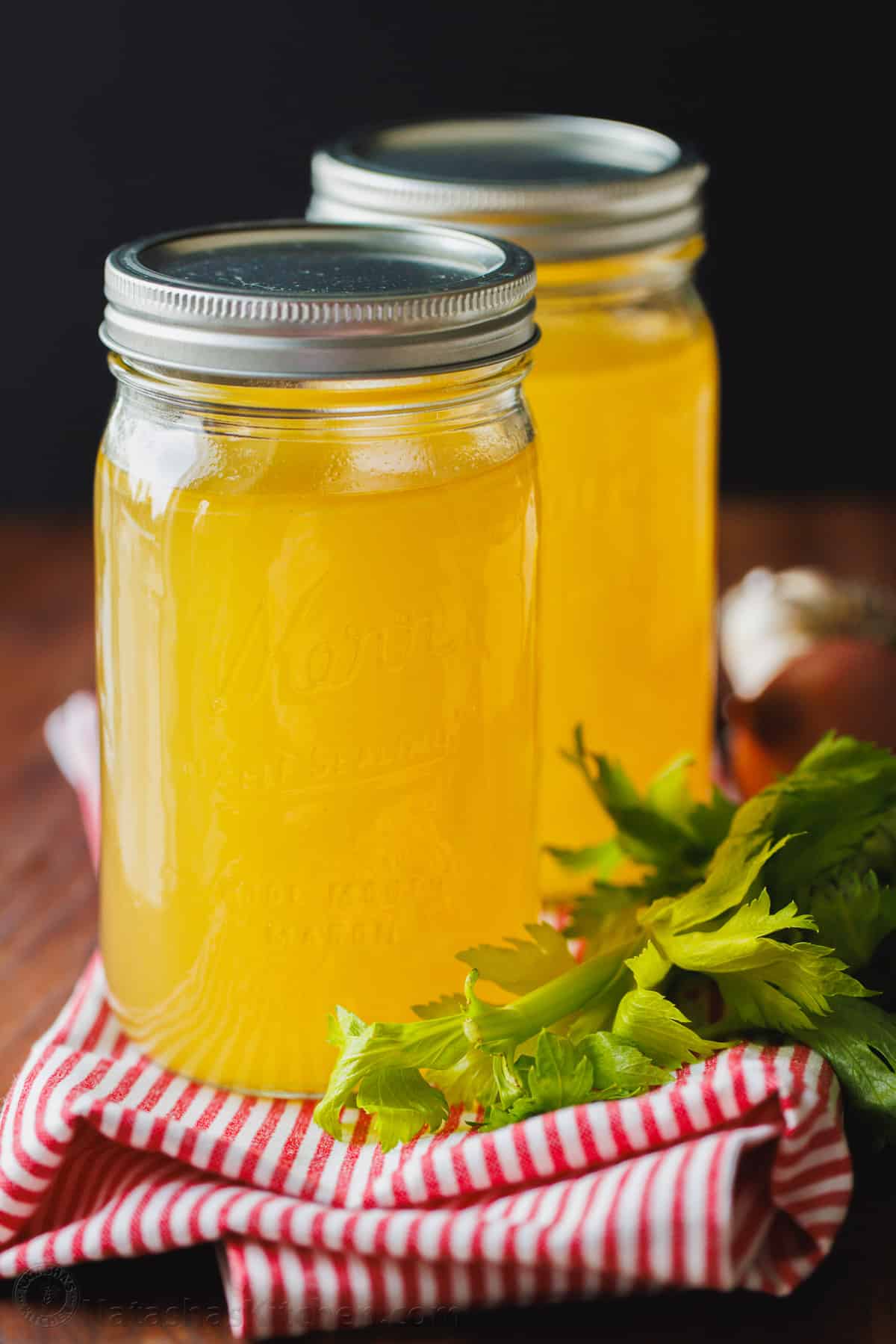 Turkey bone broth made from roasted Thanksgiving turkey and stored in glass jars