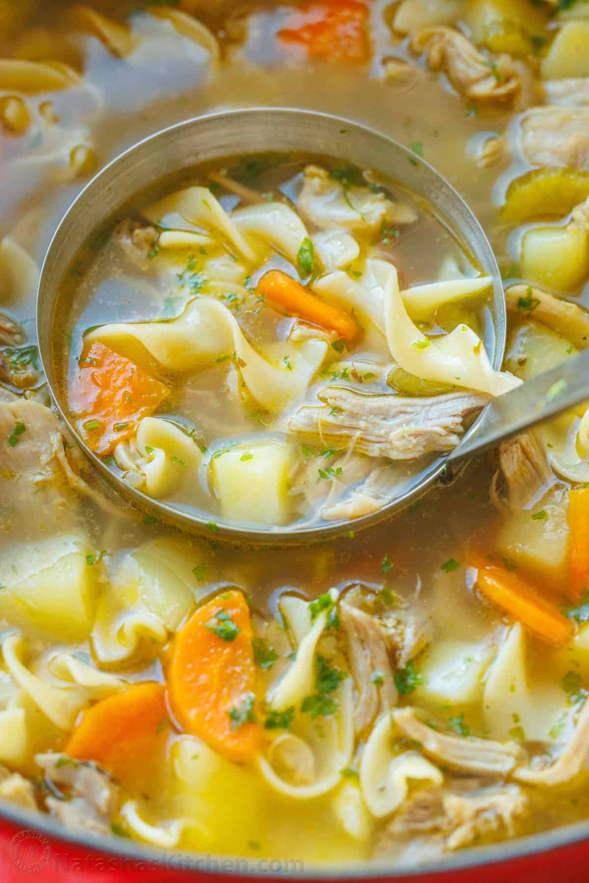 Hearty turkey noodle soup being scooped out of a pot with a large ladle