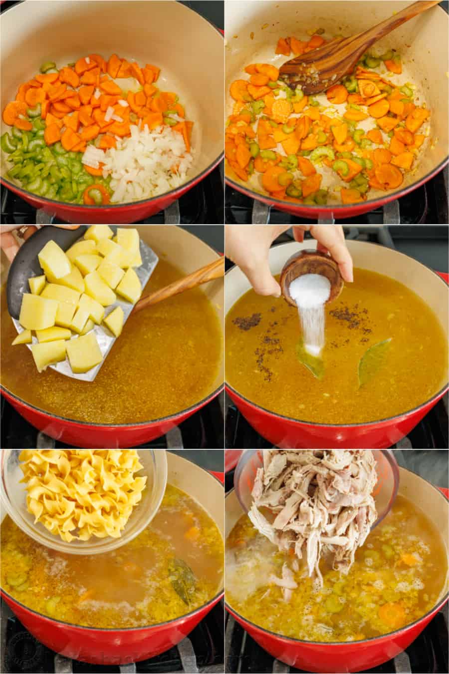 How to make easy turkey noodle soup, step by step photos. Sautee vegetables, add broth and potatoes, season, add egg noodles, and finally add turkey